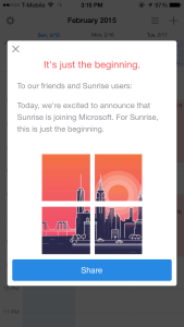 Screenshot of message from within the Sunrise Calendar iOS app, explaining that Sunrise is joining Microsoft